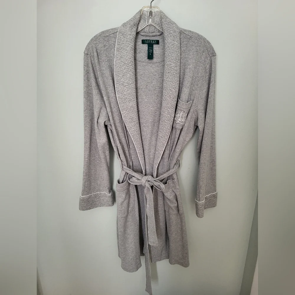 Lauren Ralph Lauren Women Medium Shawl Collar Wrap Robe Pockets Gray Knee Length